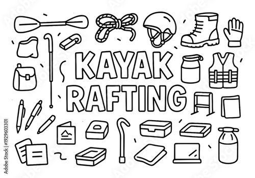 Outlined kayaking and rafting equipment arranged around text.