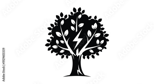 A striking black tree graphic with lush foliage and a lightning bolt through its trunk presented as a silhouette