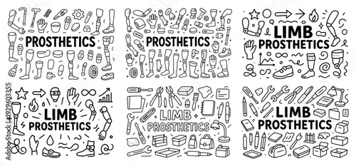 Line icons of prosthetic limbs and components.