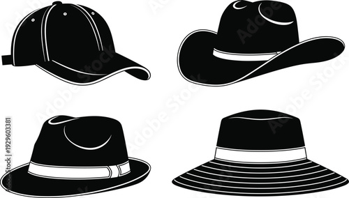 Set of Black and White Hat Silhouettes Including Baseball Cap Cowboy Hat Fedora and Summer Sun Hat Isolated on White Background