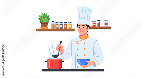 A male chef in uniform tasting food from a steaming pot in a kitchen.
