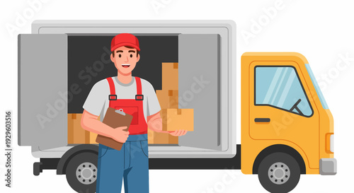 Illustration of a delivery man holding a box and clipboard in front of an open moving truck filled with packages.