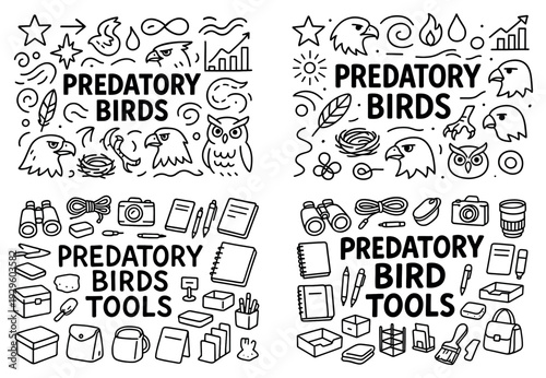Predatory birds and assorted tool icons
