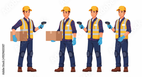 Four male workers in safety gear handling packages and scanners, representing logistics and delivery services.