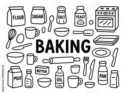 Hand drawn baking utensils ingredients and tools.