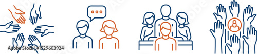 Set of Community and Teamwork Line Icons Featuring Hands Joined Together People Talking and Groups Representing Social Connection and Diversity