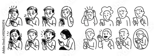 People checking smartphones with varied expressions.