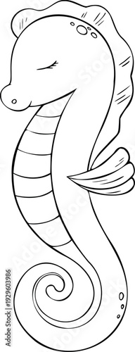 Vector Cute Baby Sea Horse. Cetaceans fish, Underwater animal outline painted in black and white. Coloring of Aquatic animal. Hand drawn illustration for kids things