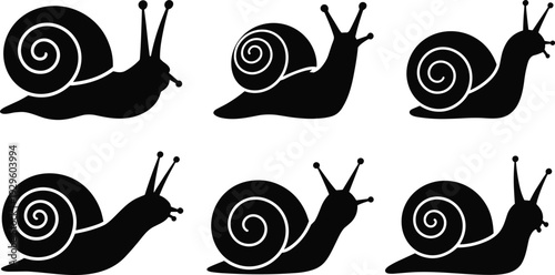 Set of black snail silhouettes with spiral shells in various crawling positions isolated on white background for nature and slow life design.