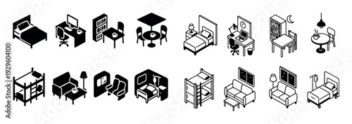 Isometric furniture and room layout icons are displayed