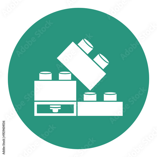 Simple white icon of stacked boxes and cylinders on green circle icon