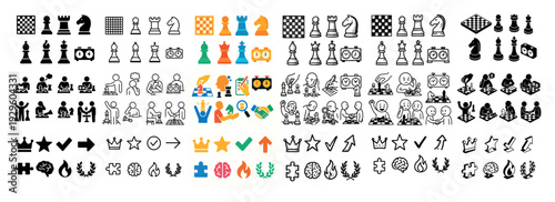 Strategy and competition themed chess and trophy icons