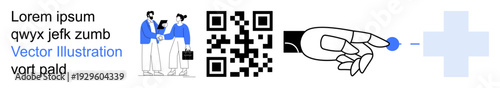 Business communication, teamwork, digital payments, QR scanning, health tech, touch interaction. Two people shaking hands, QR code hand icon medical cross. Business collaboration and QR scanning
