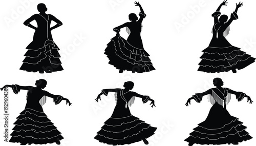 Set of Traditional Spanish Flamenco Dancer Silhouettes with Ruffled Dresses and Expressive Poses Isolated on White Background for Cultural Vector Design