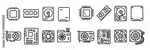 Line icons of computer hardware components
