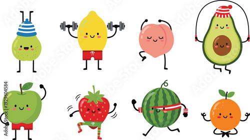 Cute fitness fruit characters collection with pear lemon peach avocado apple strawberry watermelon and orange mascots exercising and doing yoga for kids healthy lifestyle design