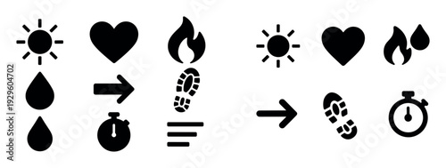 Black silhouette icons of weather health and activity