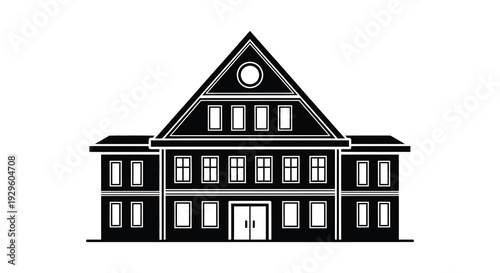 A striking black and white illustration depicts a symmetrical building facade with classic architectural details presented as a silhouette high quality