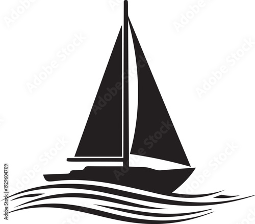 Sailboat on waves vector icon black silhouette of sailing ship for marine travel sea transportation and nautical ocean design