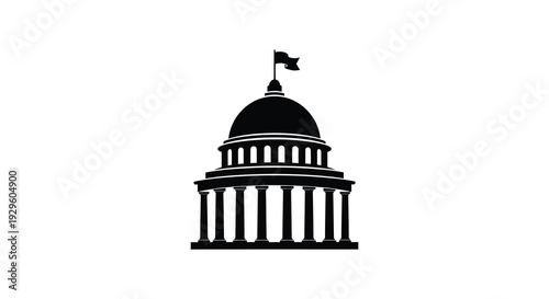 A stark black silhouette of a classical domed building with columns and a flag atop suggesting government or power silhouette