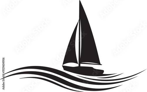 Silhouette black sailboat vector icon with wavy lines representing water or ocean isolated on transparent background
