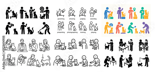 Pet care icons with dog cat camera minimal