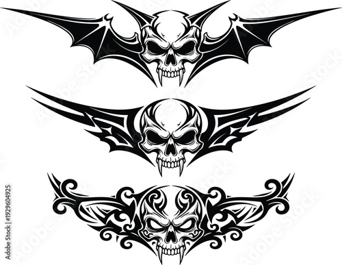 Three Detailed Vampire Skull Tattoo Designs with Bat Wings and Ornate Tribal Filigree Flourishes for Gothic Apparel Heavy Metal Graphics and Stickers