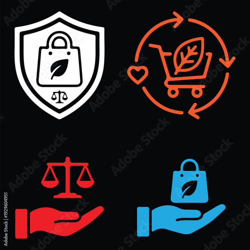 Ethical Consumerism, Consumer Protection, and Sustainable Shopping Icon Set. Vector illustrations representing fair trade, circular economy, eco-friendly choices, and conscious commerce.