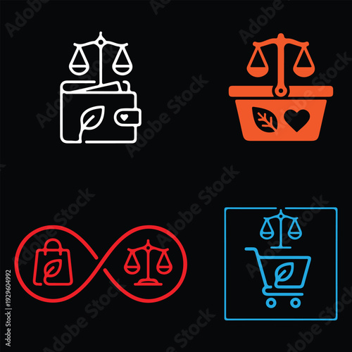 Ethical Spending and Sustainable Commerce Icon Set. Vector illustrations representing green finance, circular economy, conscious consumerism, and fair trade shopping.