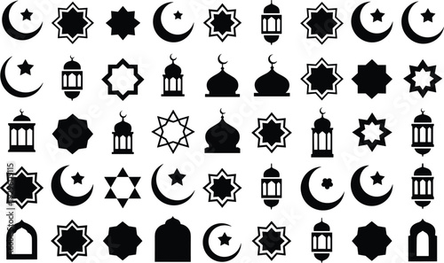 Islamic ramadan icon collection, crescent moon star mosque lantern geometric arabic symbols black silhouette flat vector illustration set