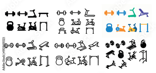 Gym equipment and workout machine icons