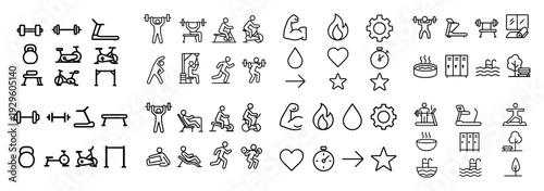 Gym and fitness activity outline icons display.