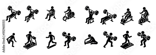 People performing various gym exercises in silhouette.