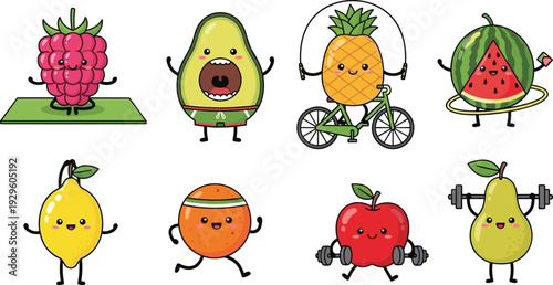 Cute Kawaii Fruit Characters Collection Exercising with Yoga Cycling Running Weightlifting and Hula Hoop Fitness Activities Healthy Lifestyle Cartoon Vector Illustration for Wellness Design