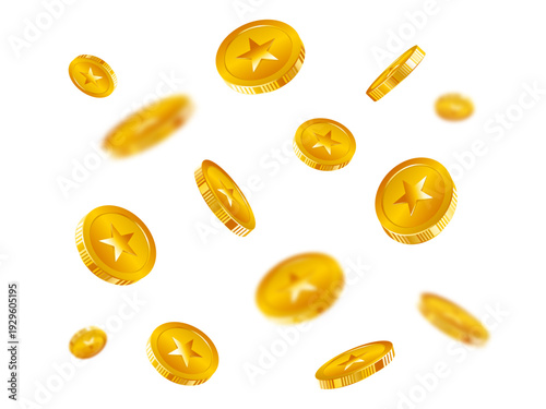 Golden star coin explosion. Realistic flying gold coin splash, money rain with blurry motion effect. 3d shiny gold coin confetti isolated on transparent background