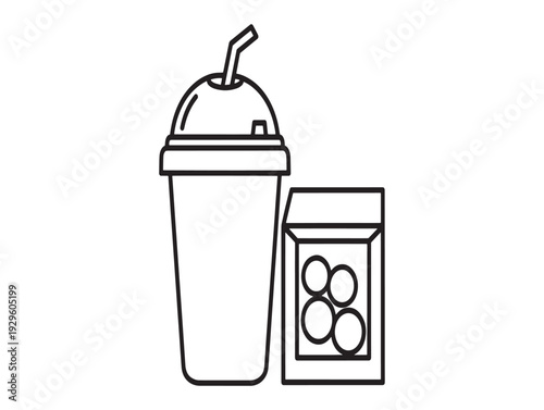 A simple line drawing of a protein shaker bottle and a container of supplements