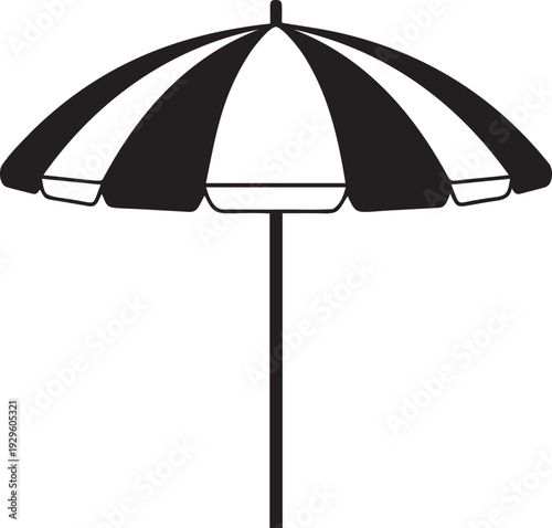 Beach umbrella silhouette with striped pattern and pole for sun protection on transparent background