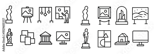 Museum and art display icons showing sculptures and paintings.