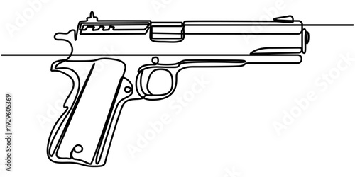 pistol continuous one line drawing, pistol continuous one line drawing animation, in outline illustration. 