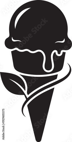 Ice cream cone silhouette with melting scoop and decorative leaf element for sweet dessert shop branding and summer food graphics