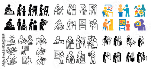 Community icons with people board camera flat