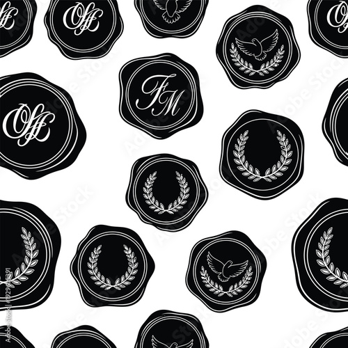 Seamless pattern with black and white wax seals with monograms and laurel wreaths