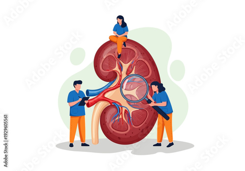 Medical team examining human kidney anatomy cross section