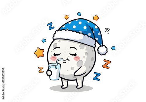 Cute cartoon moon character drinking milk while sleeping