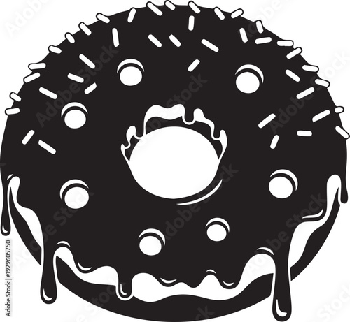 Sweet glazed donut silhouette with chocolate frosting drips and sprinkles for food bakery and dessert shop branding illustration