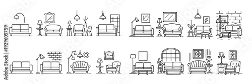 Living room furniture and interior icons lineup
