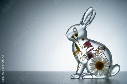 Glass rabbit figurine with dried flowers inside against a light gradient background