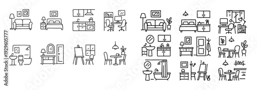 Line icons of household interior furniture and rooms
