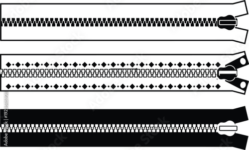 Set of three zipper silhouettes featuring standard open-end and decorative design styles for fashion manufacturing garment construction sewing patterns and clothing hardware vector illustration