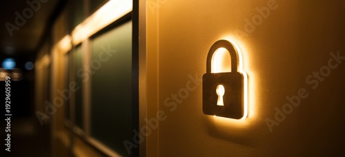 Illuminated padlock icon glowing on a wall in a dark hallway